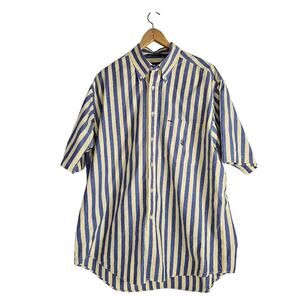 NAUTICA Men Vtg Short Sleeve Shirt Striped Blue Yellow Button LARGE Ukraine